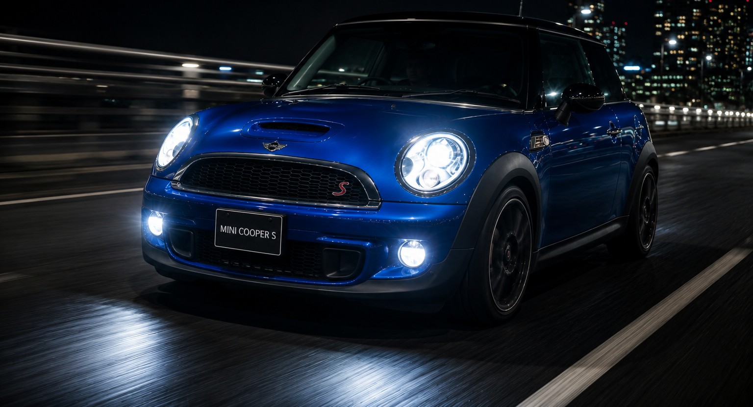 夜の街を走る青いMINIのイメージ