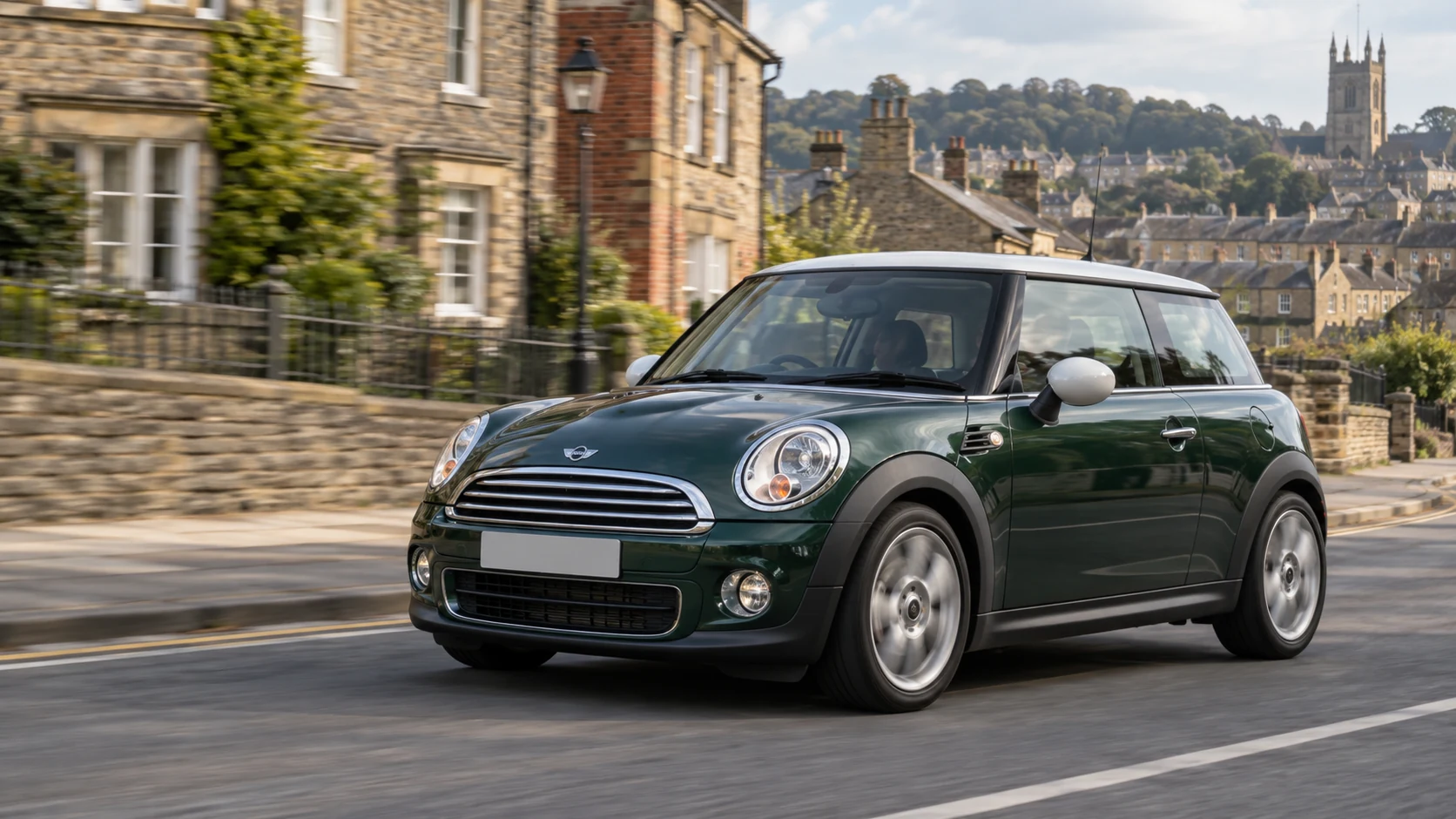 英国の街を走る緑のMINI R56のイメージ