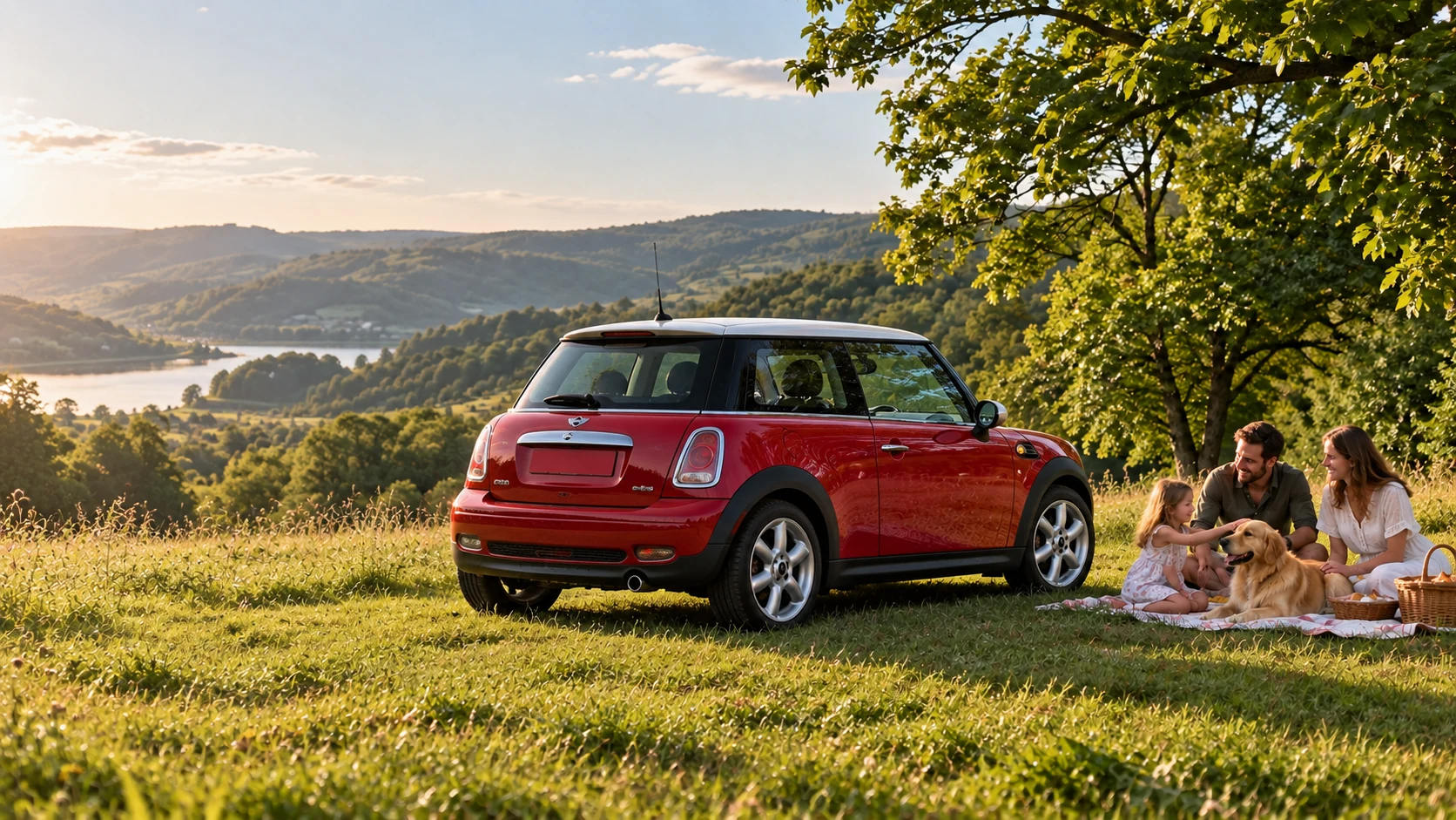 自然の中で赤いMINI R56とピクニックを楽しむ家族のイメージ